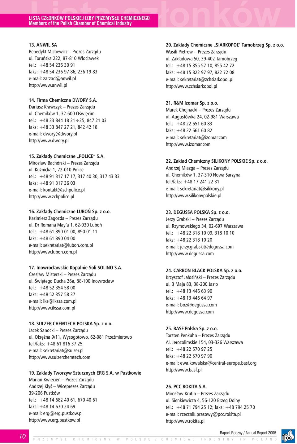 Zakładowa 50, 39-402 Tarnobrzeg tel.: +48 15 855 57 10, 855 42 72 faks: +48 15 822 97 97, 822 72 08 e-mail: sekretariat@zchsiarkopol.pl http://www.zchsiarkopol.pl 14. Firma Chemiczna DWORY S.A.