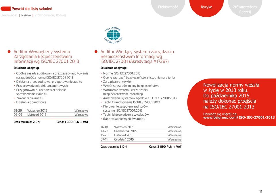 28-29 Wrzesień 2015 Warszawa 05-06 Listopad 2015 Warszawa Czas trwania: 2 Dni Cena: 1 300 PLN + VAT Auditor Wiodący Systemu Zarządzania Bezpieczeństwem Informacji wg ISO/IEC 27001 (Akredytacja