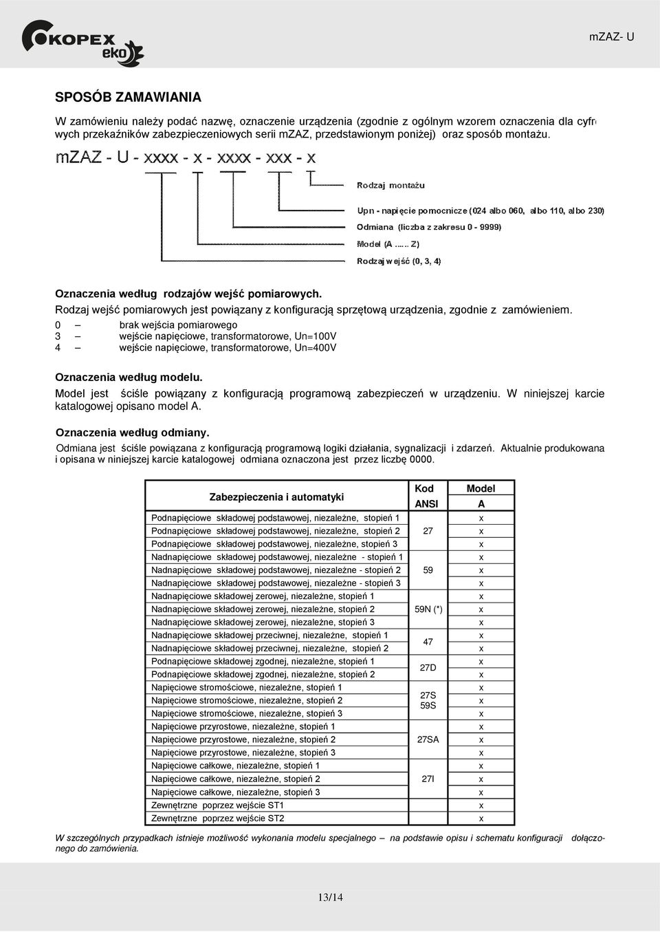 0 brak wejścia pomiarowego 3 wejście napięciowe, transformatorowe, Un=100V 4 wejście napięciowe, transformatorowe, Un=400V Oznaczenia według modelu.