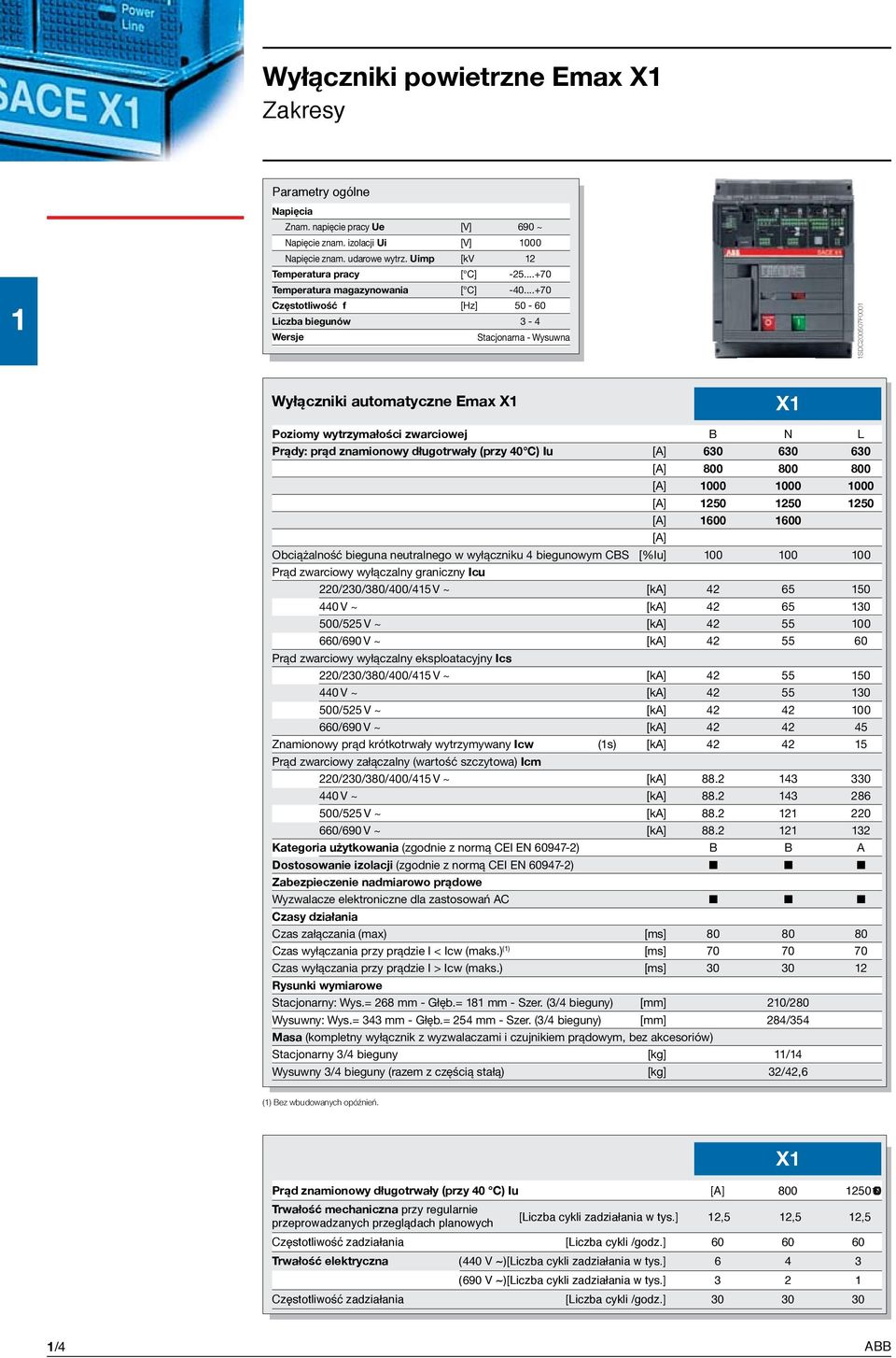..+70 Częstotliwość f [Hz] 50-60 Liczba biegunów 3-4 Wersje Stacjonarna - Wysuwna 1SDC200507F0001 Wyłączniki automatyczne Emax X1 X1 Poziomy wytrzymałości zwarciowej B N L Prądy: prąd znamionowy