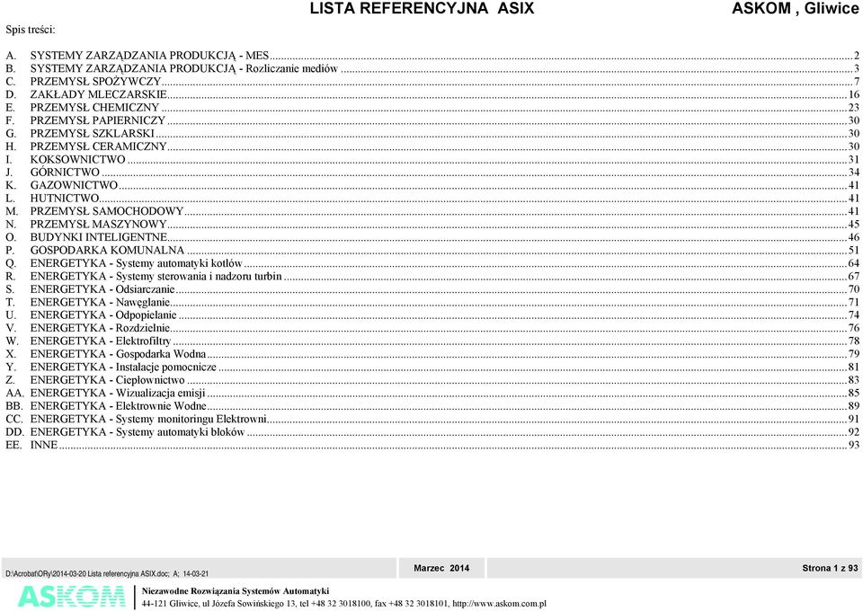 PRZEMYSŁ SAMOCHODOWY...41 N. PRZEMYSŁ MASZYNOWY...45 O. BUDYNKI INTELIGENTNE...46 P. GOSPODARKA KOMUNALNA...51 Q. ENERGETYKA - Systemy automatyki kotłów...64 R.