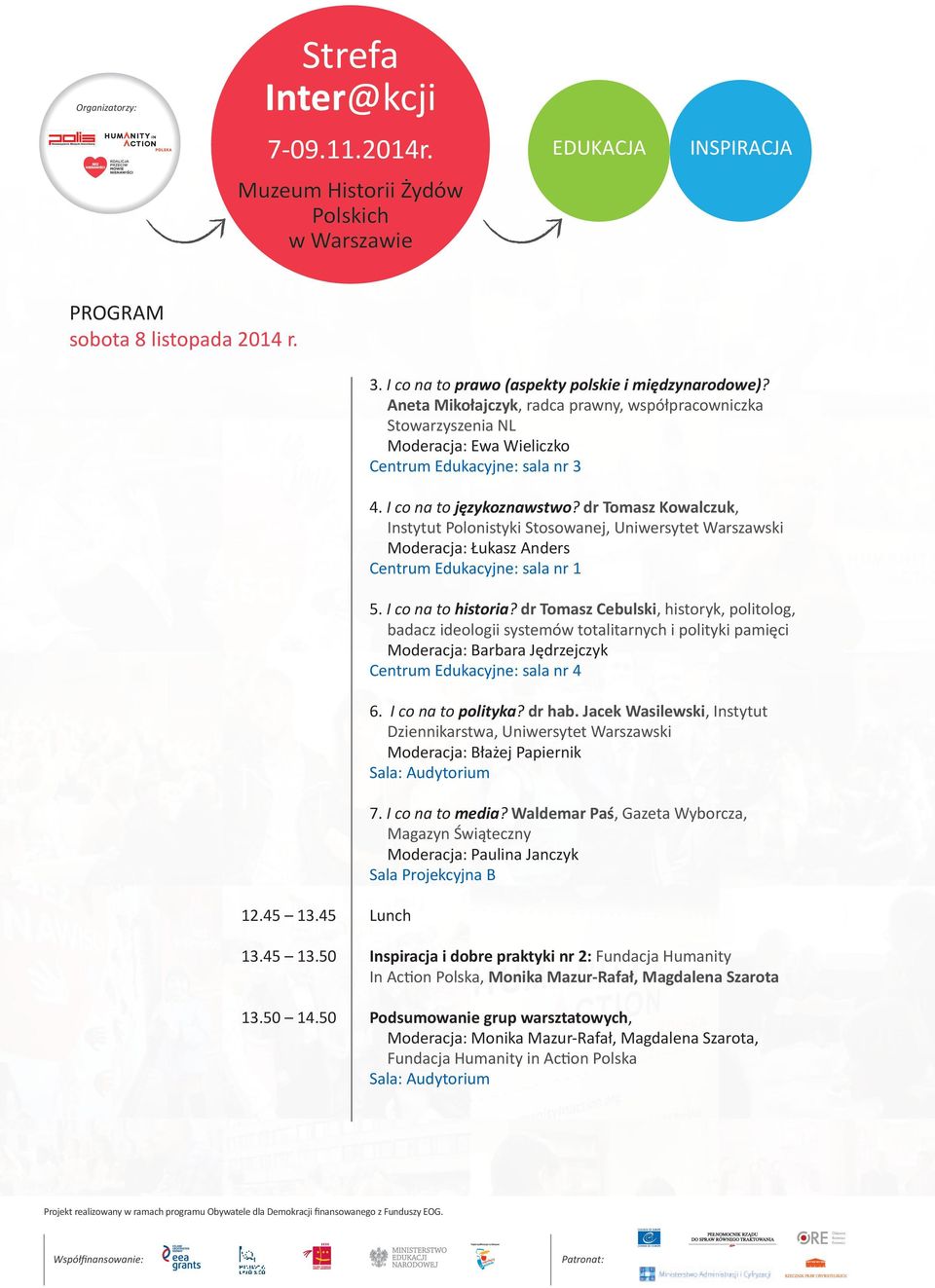 dr Tomasz Kowalczuk, Instytut Polonistyki Stosowanej, Uniwersytet Warszawski Moderacja: Łukasz Anders Centrum Edukacyjne: sala nr 1 5. I co na to historia?