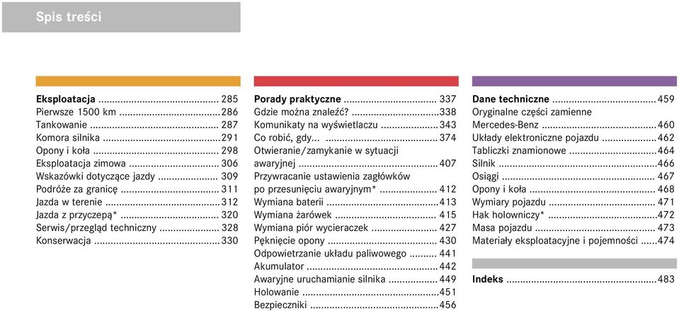 ..343 Co robiæ, gdy...... 374 Otwieranie/zamykanie w sytuacji awaryjnej...407 Przywracanie ustawienia zag³ówków po przesuniêciu awaryjnym*... 412 Wymiana baterii...413 Wymiana arówek.