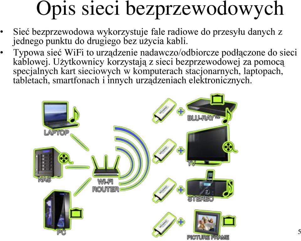 Typowa sieć WiFi to urządzenie nadawczo/odbiorcze podłączone do sieci kablowej.