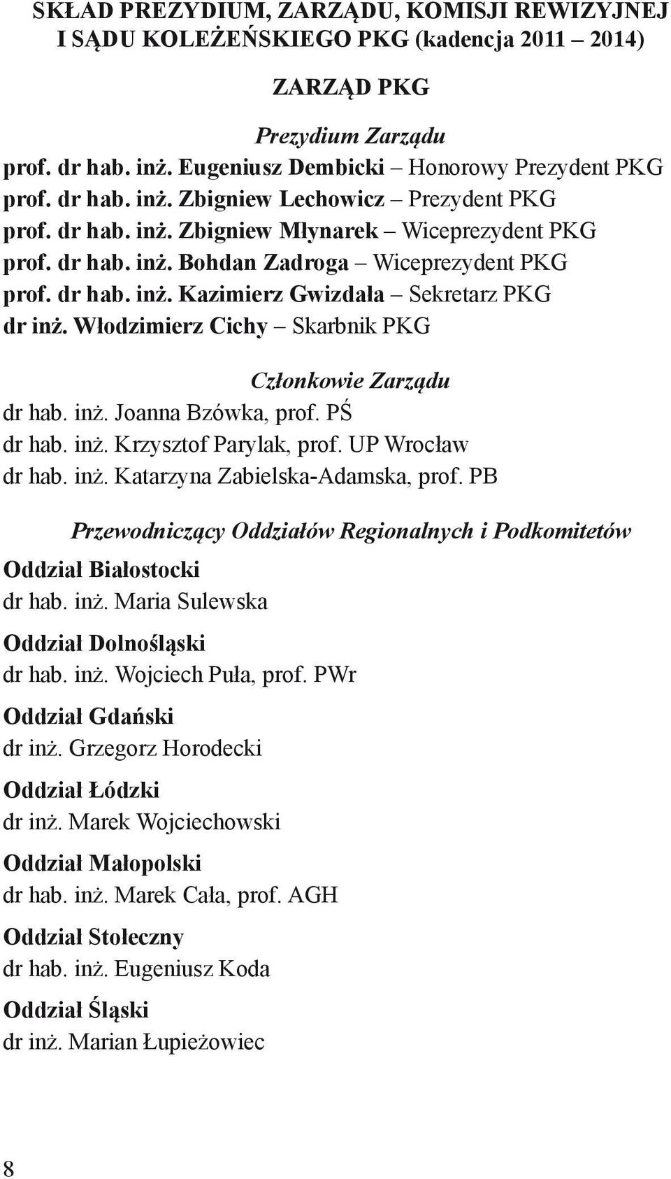 Włodzimierz Cichy Skarbnik PKG Członkowie Zarządu dr hab. inż. Joanna Bzówka, prof. PŚ dr hab. inż. Krzysztof Parylak, prof. UP Wrocław dr hab. inż. Katarzyna Zabielska-Adamska, prof.