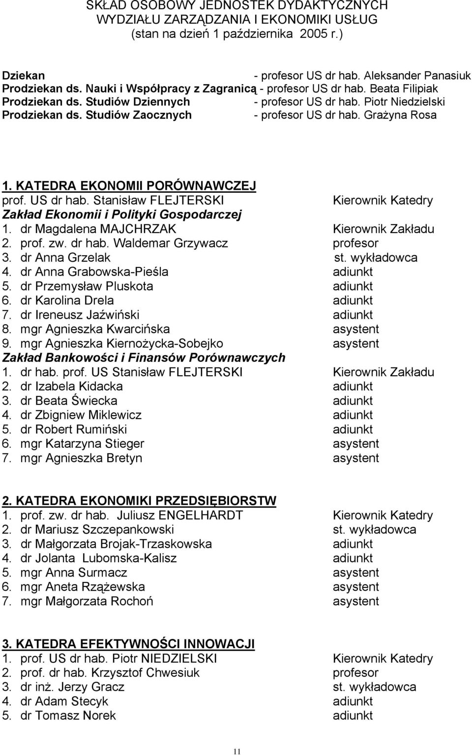 Grażyna Rosa 1. KATEDRA EKONOMII PORÓWNAWCZEJ prof. US dr hab. Stanisław FLEJTERSKI Kierownik Katedry Zakład Ekonomii i Polityki Gospodarczej 1. dr Magdalena MAJCHRZAK Kierownik Zakładu 2. prof. zw.