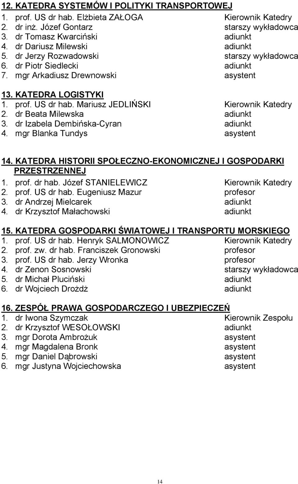 Mariusz JEDLIŃSKI Kierownik Katedry 2. dr Beata Milewska adiunkt 3. dr Izabela Dembińska-Cyran adiunkt 4. mgr Blanka Tundys asystent 14.