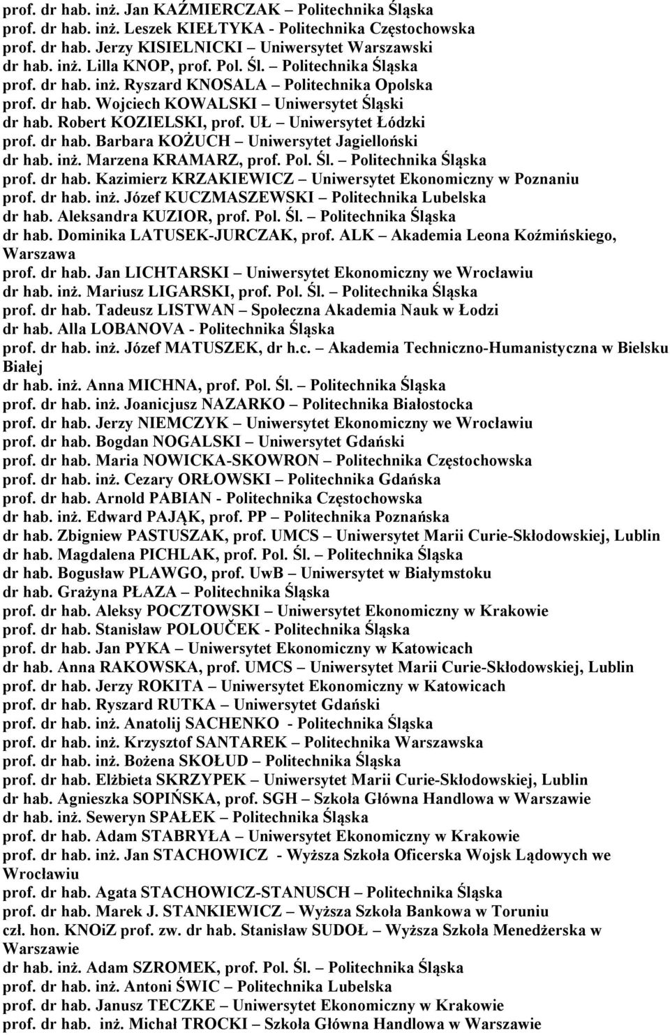 dr hab. Barbara KOŻUCH Uniwersytet Jagielloński dr hab. inż. Marzena KRAMARZ, prof. Pol. Śl. Politechnika Śląska prof. dr hab. Kazimierz KRZAKIEWICZ Uniwersytet Ekonomiczny w Poznaniu prof. dr hab. inż. Józef KUCZMASZEWSKI Politechnika Lubelska dr hab.