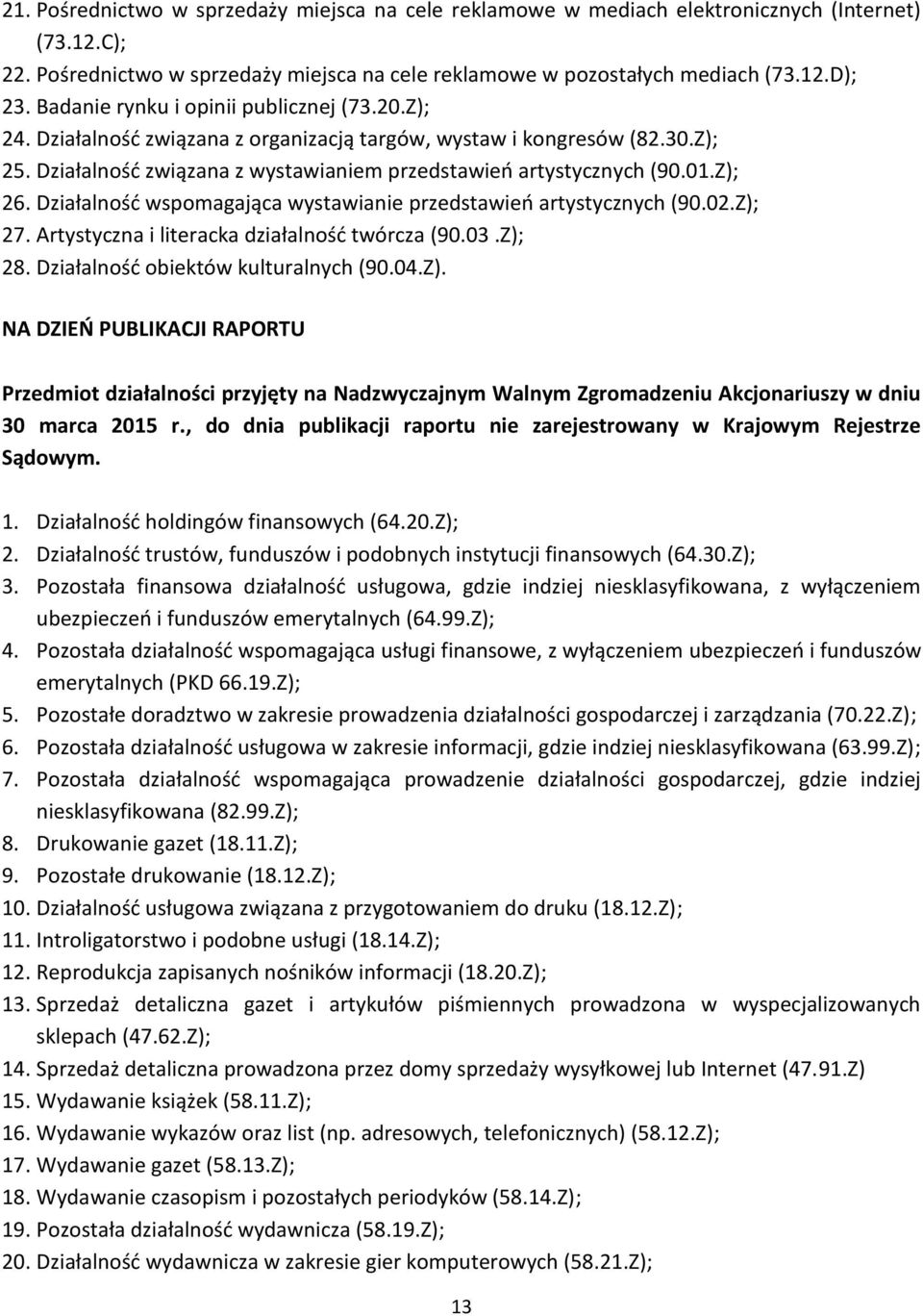 Z); 26. Działalność wspomagająca wystawianie przedstawień artystycznych (90.02.Z); 27. Artystyczna i literacka działalność twórcza (90.03.Z); 28. Działalność obiektów kulturalnych (90.04.Z). NA DZIEŃ PUBLIKACJI RAPORTU Przedmiot działalności przyjęty na Nadzwyczajnym Walnym Zgromadzeniu Akcjonariuszy w dniu 30 marca 2015 r.