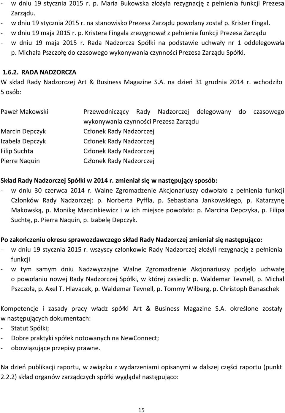 Michała Pszczołę do czasowego wykonywania czynności Prezesa Zarządu Spółki. 1.6.2. RADA NADZORCZA W skład Rady Nadzorczej Art & Business Magazine S.A. na dzień 31 grudnia 2014 r.