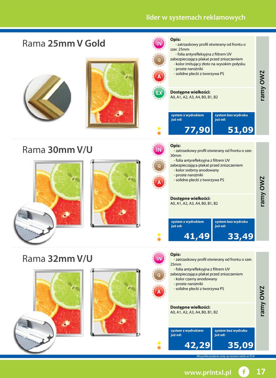 B0, B1, B2 ramy OWZ 77,90 51,09 Rama 30mm V/U - zatrzaskowy profil otwierany od frontu o szer.