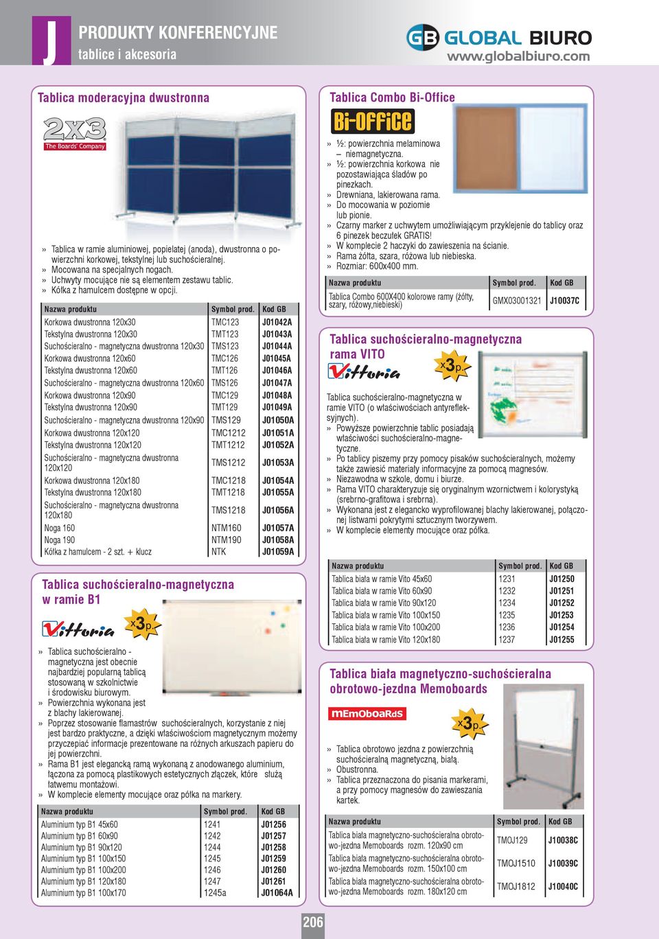 Korkowa dwustronna 120x30 TMC123 01042A Tekstylna dwustronna 120x30 TMT123 01043A Suchościeralno - magnetyczna dwustronna 120x30 TMS123 01044A Korkowa dwustronna 120x60 TMC126 01045A Tekstylna