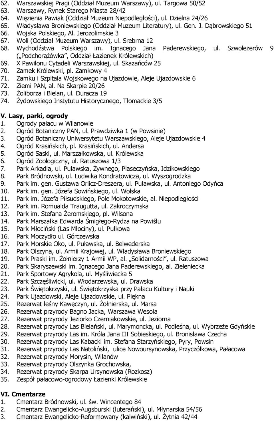 Wychodźstwa Polskiego im. Ignacego Jana Paderewskiego, ul. Szwoleżerów 9 ( Podchorążówka, Oddział Łazienek Królewskich) 69. X Pawilonu Cytadeli Warszawskiej, ul. Skazańców 25 70. Zamek Królewski, pl.