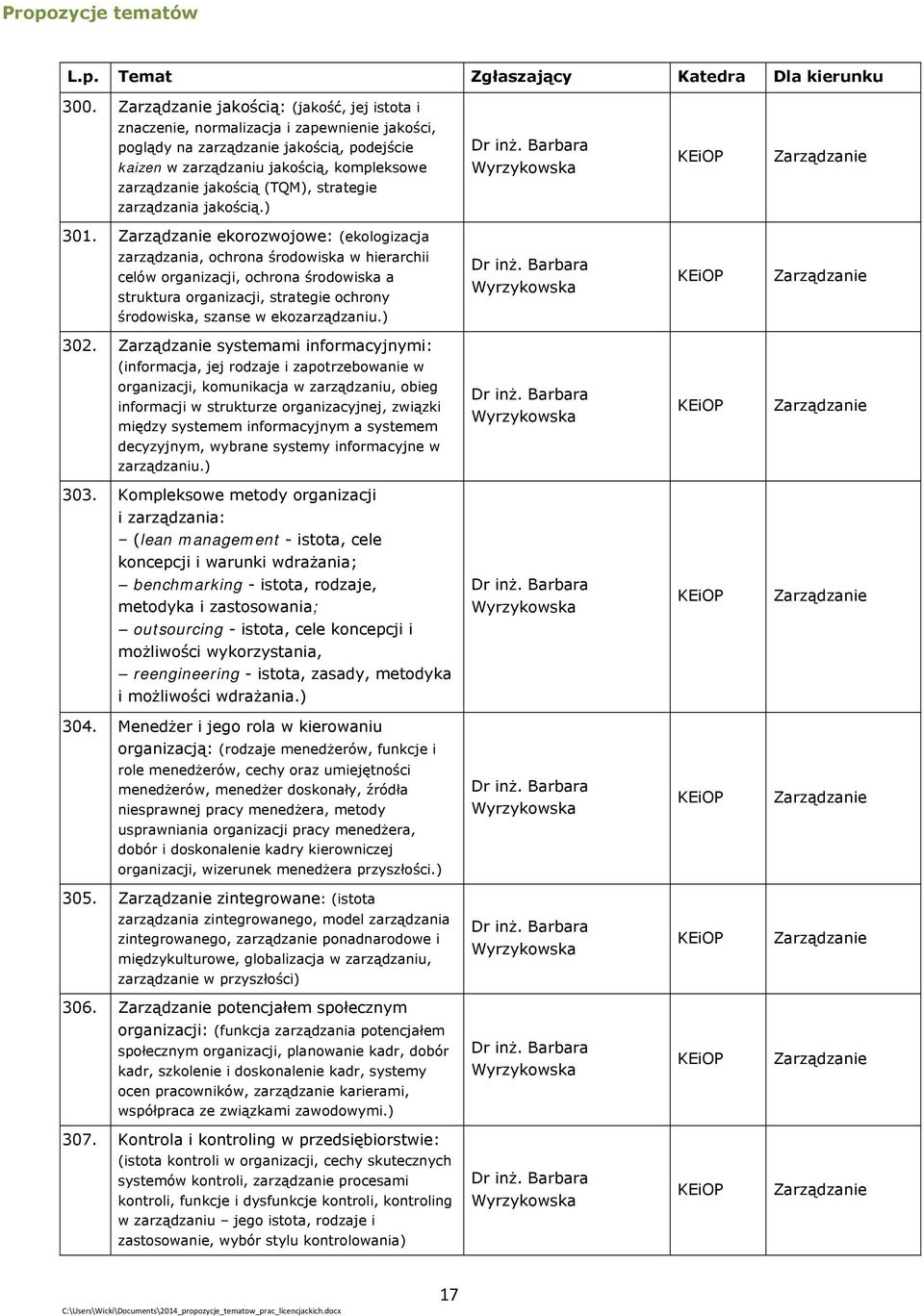 ekorozwojowe: (ekologizacja zarządzania, ochrona środowiska w hierarchii celów organizacji, ochrona środowiska a struktura organizacji, strategie ochrony środowiska, szanse w ekozarządzaniu.) 302.