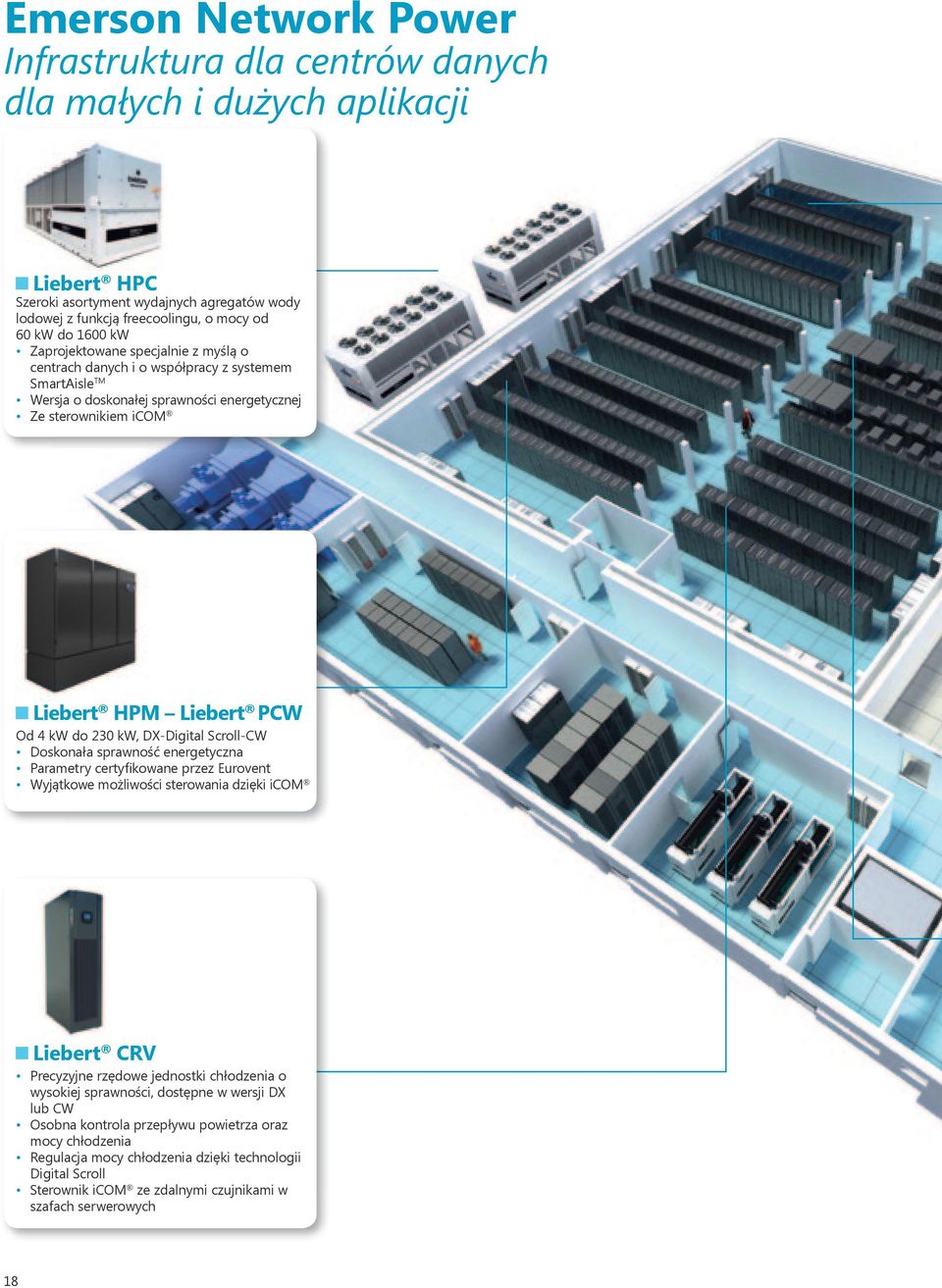 kw, DX-Digital Scroll-CW Doskonała sprawność energetyczna Parametry certyfikowane przez Eurovent Wyjątkowe możliwości sterowania dzięki icom Liebert CRV Precyzyjne rzędowe jednostki chłodzenia o