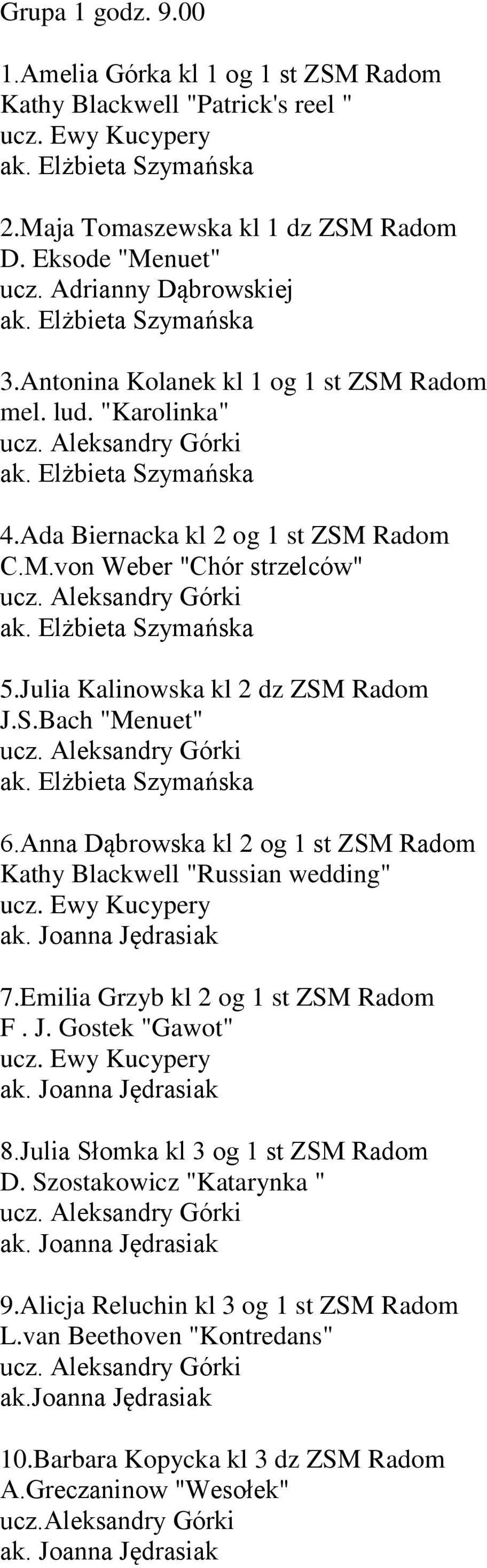 Anna Dąbrowska kl 2 og 1 st ZSM Radom Kathy Blackwell "Russian wedding" 7.Emilia Grzyb kl 2 og 1 st ZSM Radom F. J. Gostek "Gawot" 8.Julia Słomka kl 3 og 1 st ZSM Radom D.