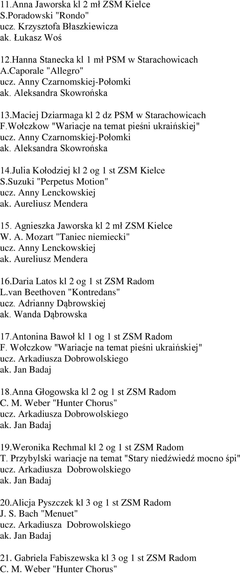 Aleksandra Skowrońska 14.Julia Kołodziej kl 2 og 1 st ZSM Kielce S.Suzuki "Perpetus Motion" ucz. Anny Lenckowskiej 15. Agnieszka Jaworska kl 2 mł ZSM Kielce W. A. Mozart "Taniec niemiecki" ucz.