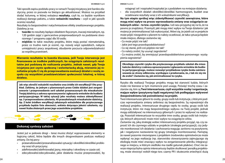 Rezultaty to bezpośrednie i natychmiastowe efekty zrealizowanego projektu. Dzielimy je na: twarde: to rezultaty będące obiektem fizycznym, inaczej mierzalnym, np.