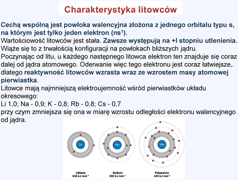 Poczynając od litu, u każdego następnego litowca elektron ten znajduje się coraz dalej od jądra atomowego. Oderwanie więc tego elektronu jest coraz łatwiejsze,.