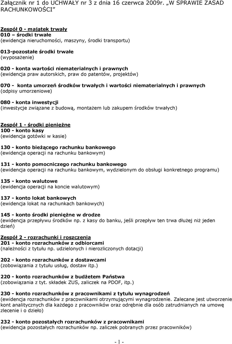 niematerialnych i prawnych (ewidencja praw autorskich, praw do patentów, projektów) 070 - konta umorzeń środków trwałych i wartości niematerialnych i prawnych (odpisy umorzeniowe) 080 - konta