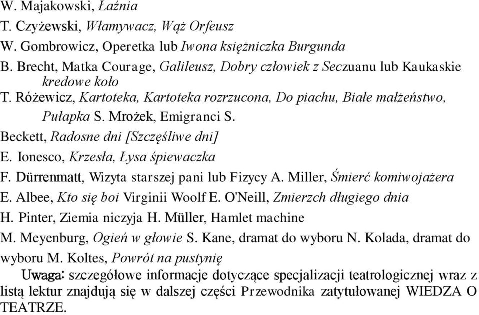 Beckett, Radosne dni [Szczęśliwe dni] E. Ionesco, Krzesła, Łysa śpiewaczka F. Dürrenmatt, Wizyta starszej pani lub Fizycy A. Miller, Śmierć komiwojażera E. Albee, Kto się boi Virginii Woolf E.