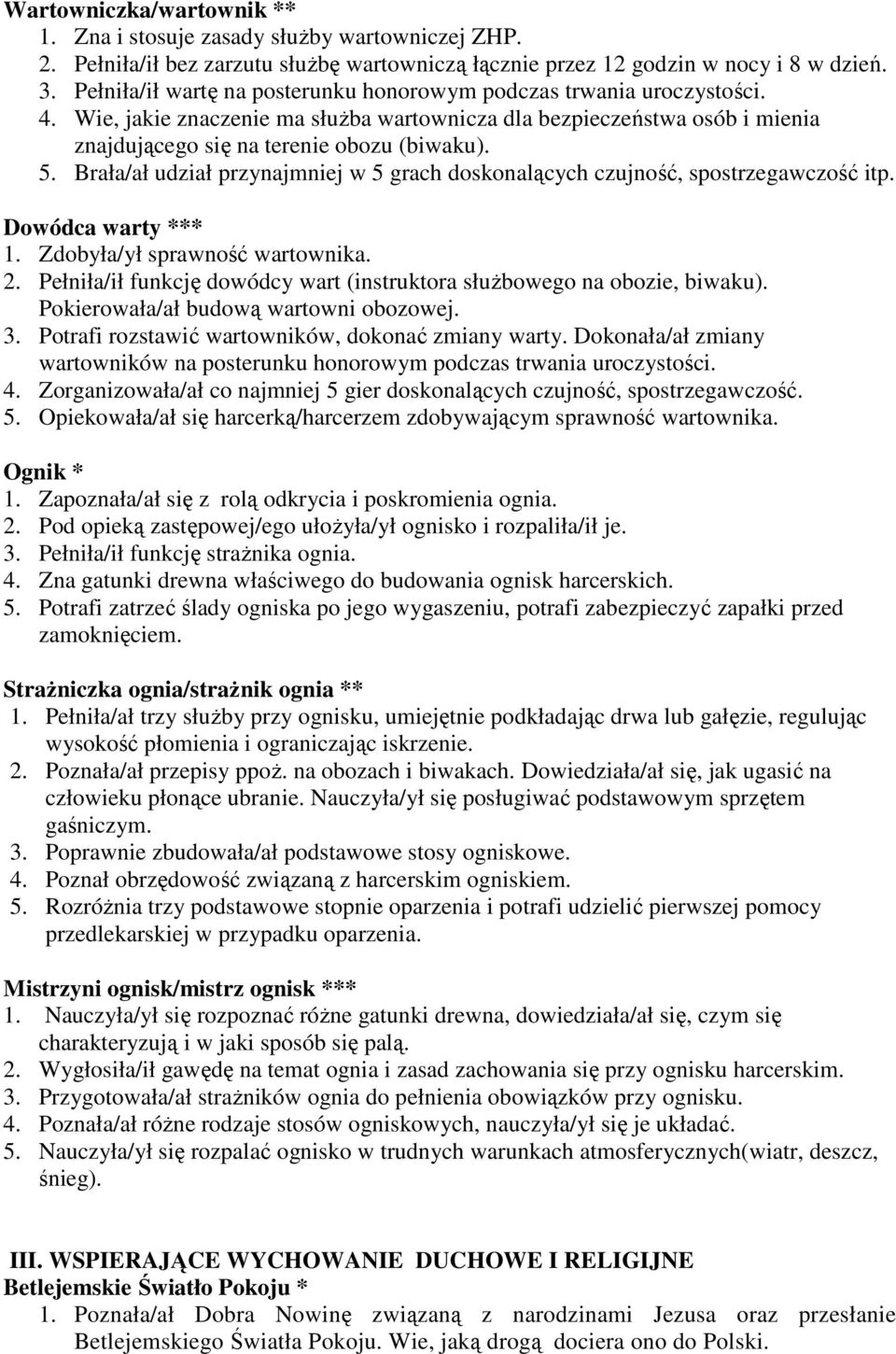 Brała/ał udział przynajmniej w 5 grach doskonalących czujność, spostrzegawczość itp. Dowódca warty *** 1. Zdobyła/ył sprawność wartownika. 2.