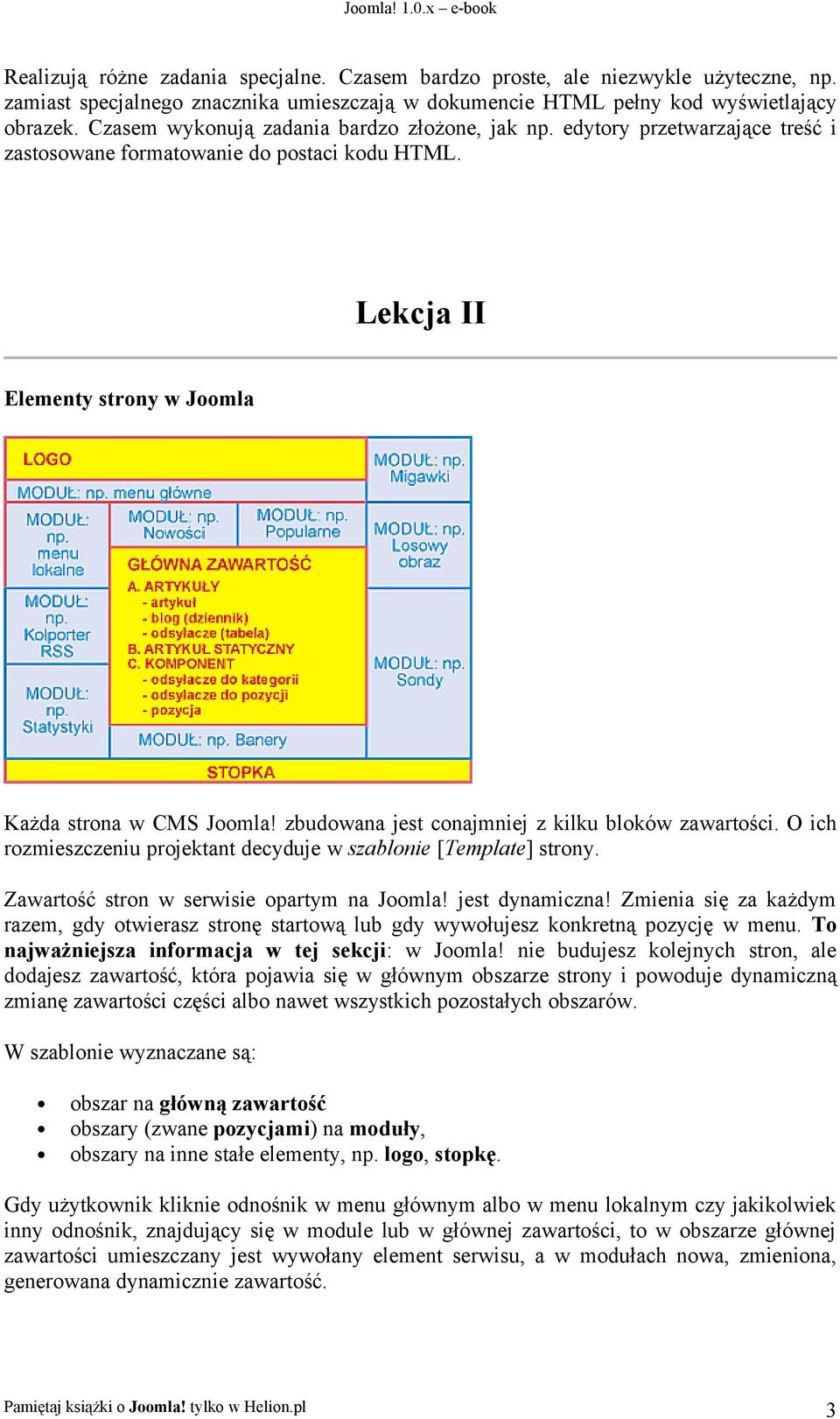 zbudowana jest conajmniej z kilku bloków zawartości. O ich rozmieszczeniu projektant decyduje w szablonie [Template] strony. Zawartość stron w serwisie opartym na Joomla! jest dynamiczna!