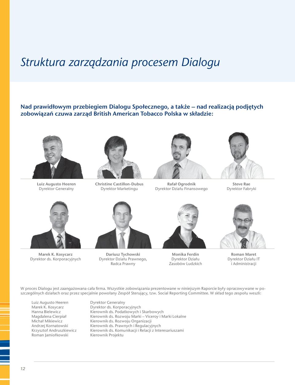 Korporacyjnych Dariusz Tychowski Dyrektor Działu Prawnego, Radca Prawny Monika Ferdin Dyrektor Działu Zasobów Ludzkich Roman Maret Dyrektor Działu IT i Administracji W proces Dialogu jest