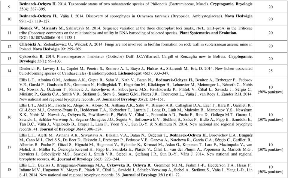 Sequence variation at the three chloroplast loci (matk, rbcl, trnh-psba) in the Triticeae tribe (Poaceae): comments on the relationships and utility in DNA barcoding of selected species.