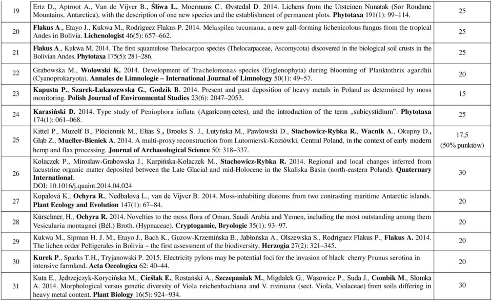 , Kukwa M., Rodriguez Flakus P. 14. Melaspilea tucumana, a new gall-forming lichenicolous fungus from the tropical Andes in Bolivia. Lichenologist 46(5): 657 662. Flakus A., Kukwa M. 14. The first squamulose Thelocarpon species (Thelocarpaceae, Ascomycota) discovered in the biological soil crusts in the Bolivian Andes.