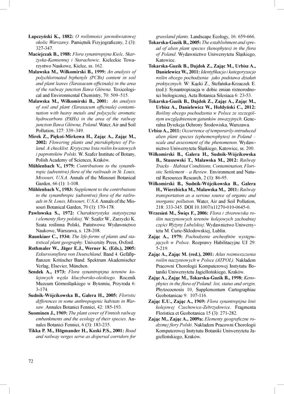 , 1999: An analysis of polychlorinated biphenyls (PCBs) content in soil and plant leaves (Taraxacum officinale) in the area of the railway junction Iława Główna.