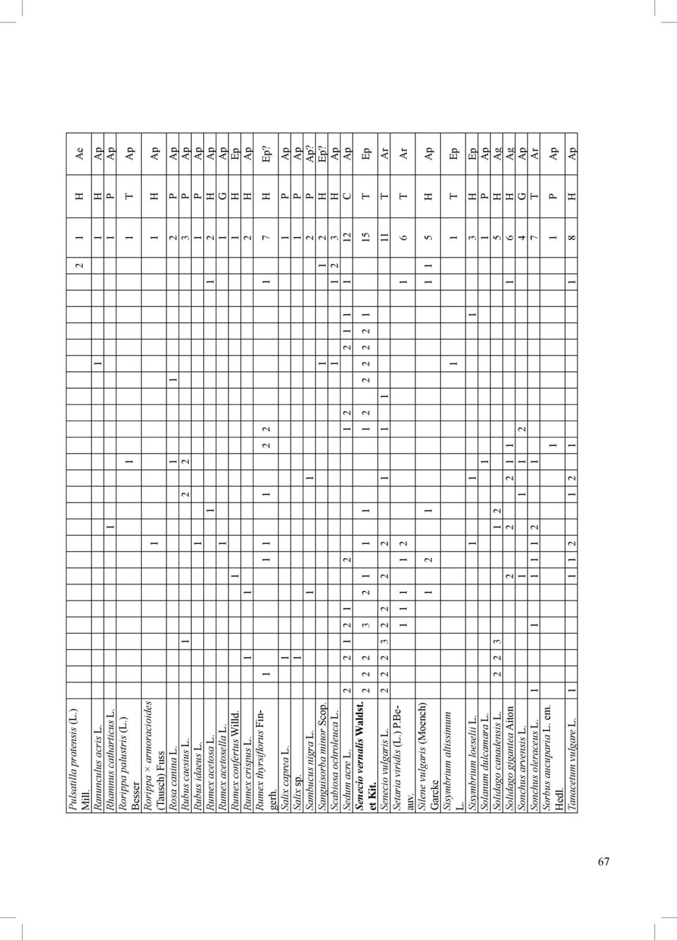 1 1 2 H Ap Rumex thyrsiflorus Fingerh. 1 1 1 1 2 2 1 7 H Ep? Salix caprea L. 1 1 P Ap Salix sp. 1 1 P Ap Sambucus nigra L. 1 1 2 P Ap? Sanguisorba minor Scop. 1 1 2 H Ep? Scabiosa ochroleuca L.
