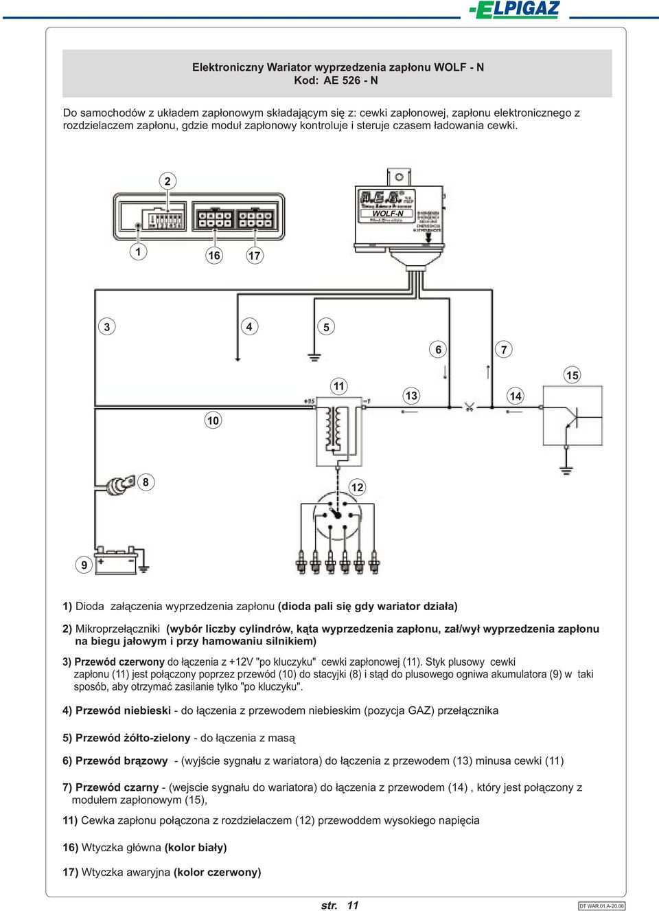 2 WOLF-N 1 16 17 3 4 5 6 7 11 13 14 15 10 8 12 9 1) Dioda za³¹czenia wyprzedzenia zap³onu (dioda pali siê gdy wariator dzia³a) 2) Mikroprze³¹czniki (wybór liczby cylindrów, k¹ta wyprzedzenia zap³onu,