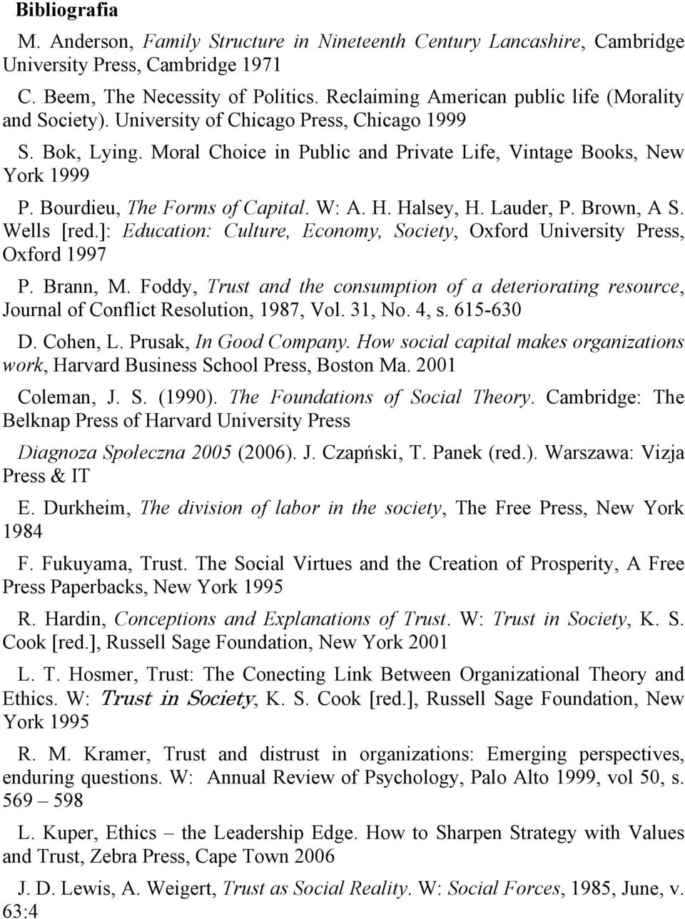 Bourdieu, The Forms of Capital. W: A. H. Halsey, H. Lauder, P. Brown, A S. Wells [red.]: Education: Culture, Economy, Society, Oxford University Press, Oxford 1997 P. Brann, M.