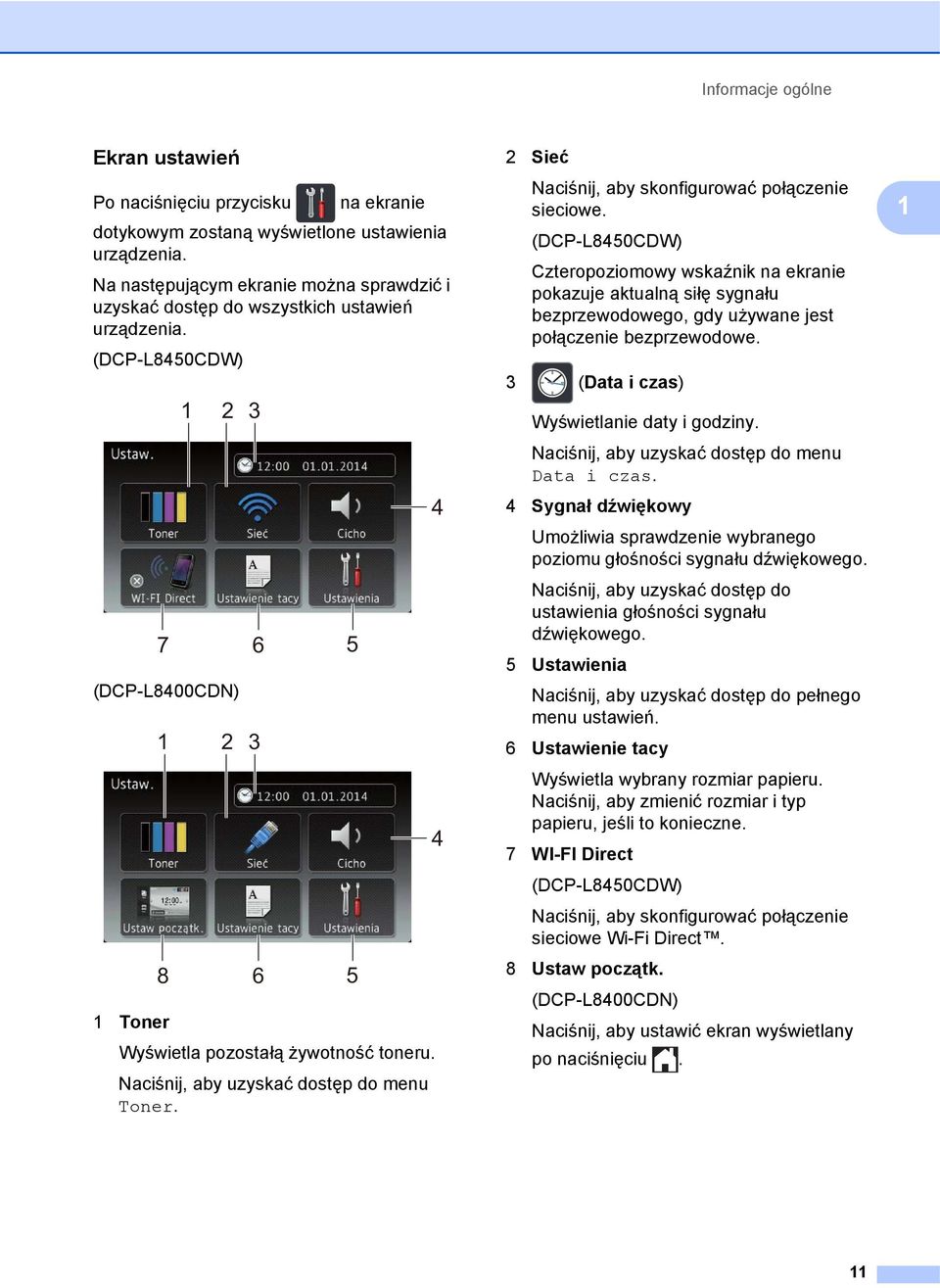 Naciśnij, aby uzyskać dostęp do menu Toner. 4 4 2 Sieć Naciśnij, aby skonfigurować połączenie sieciowe.