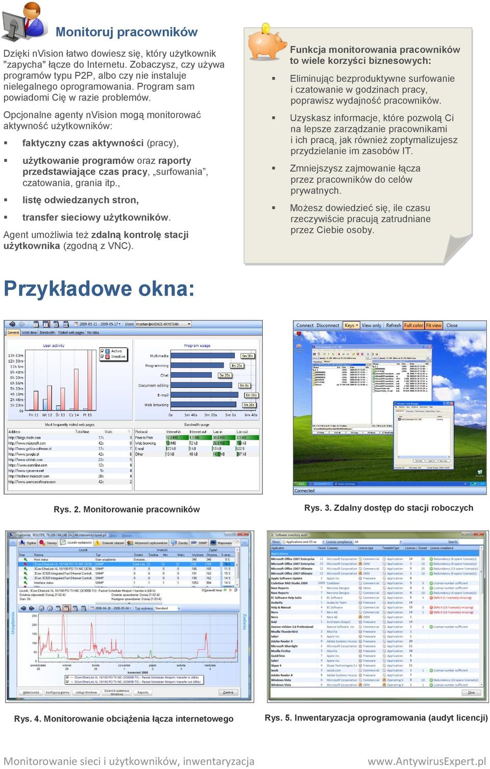 Opcjonalne agenty nvision mogą monitorować aktywność użytkowników: faktyczny czas aktywności (pracy), użytkowanie programów oraz raporty przedstawiające czas pracy, surfowania, czatowania, grania itp.