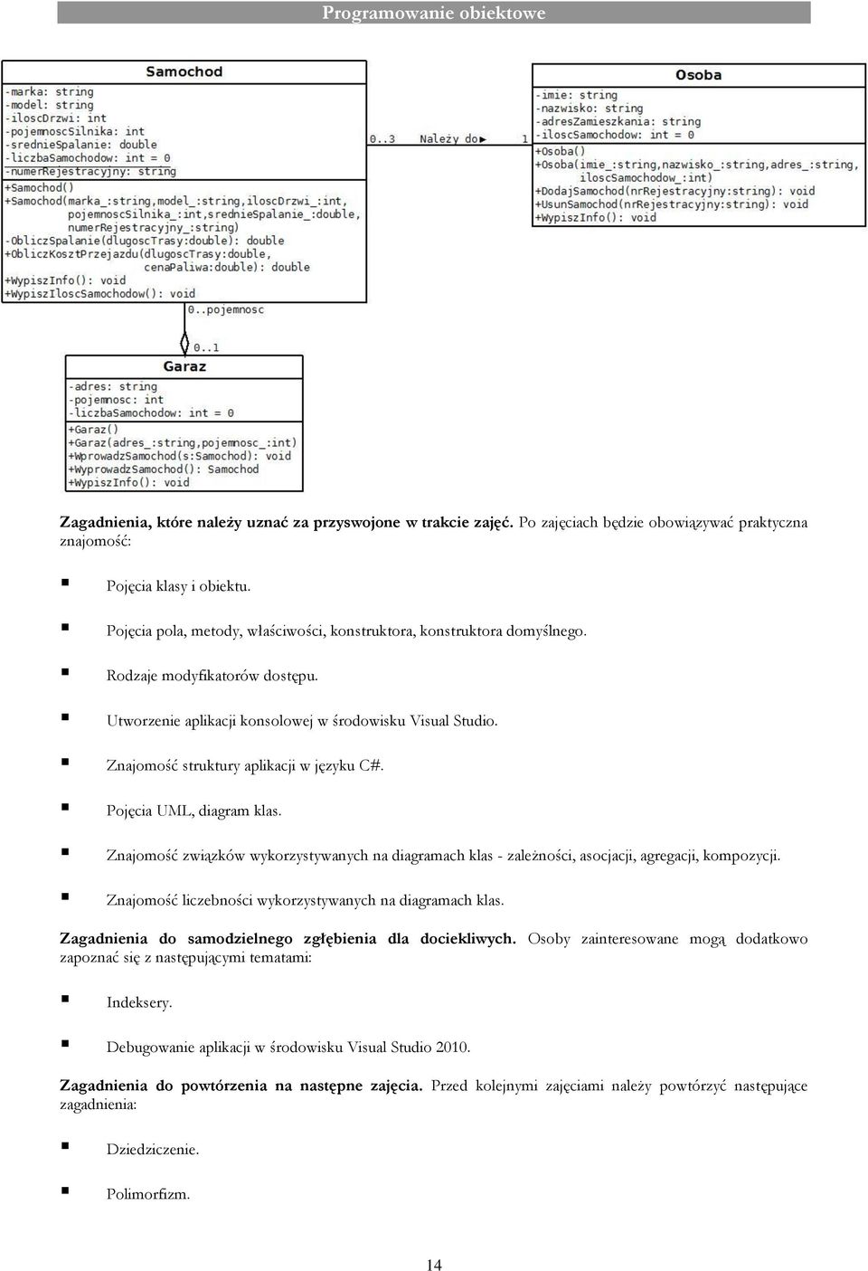 Znajomość struktury aplikacji w języku C#. Pojęcia UML, diagram klas. Znajomość związków wykorzystywanych na diagramach klas - zależności, asocjacji, agregacji, kompozycji.