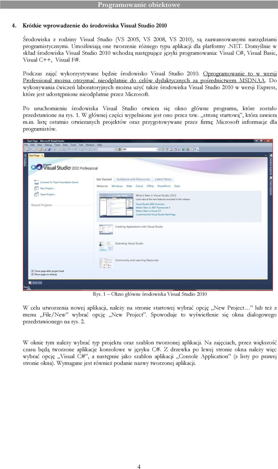 Domyślnie w skład środowiska Visual Studio 2010 wchodzą następujące języki programowania: Visual C#, Visual Basic, Visual C++, Visual F#.
