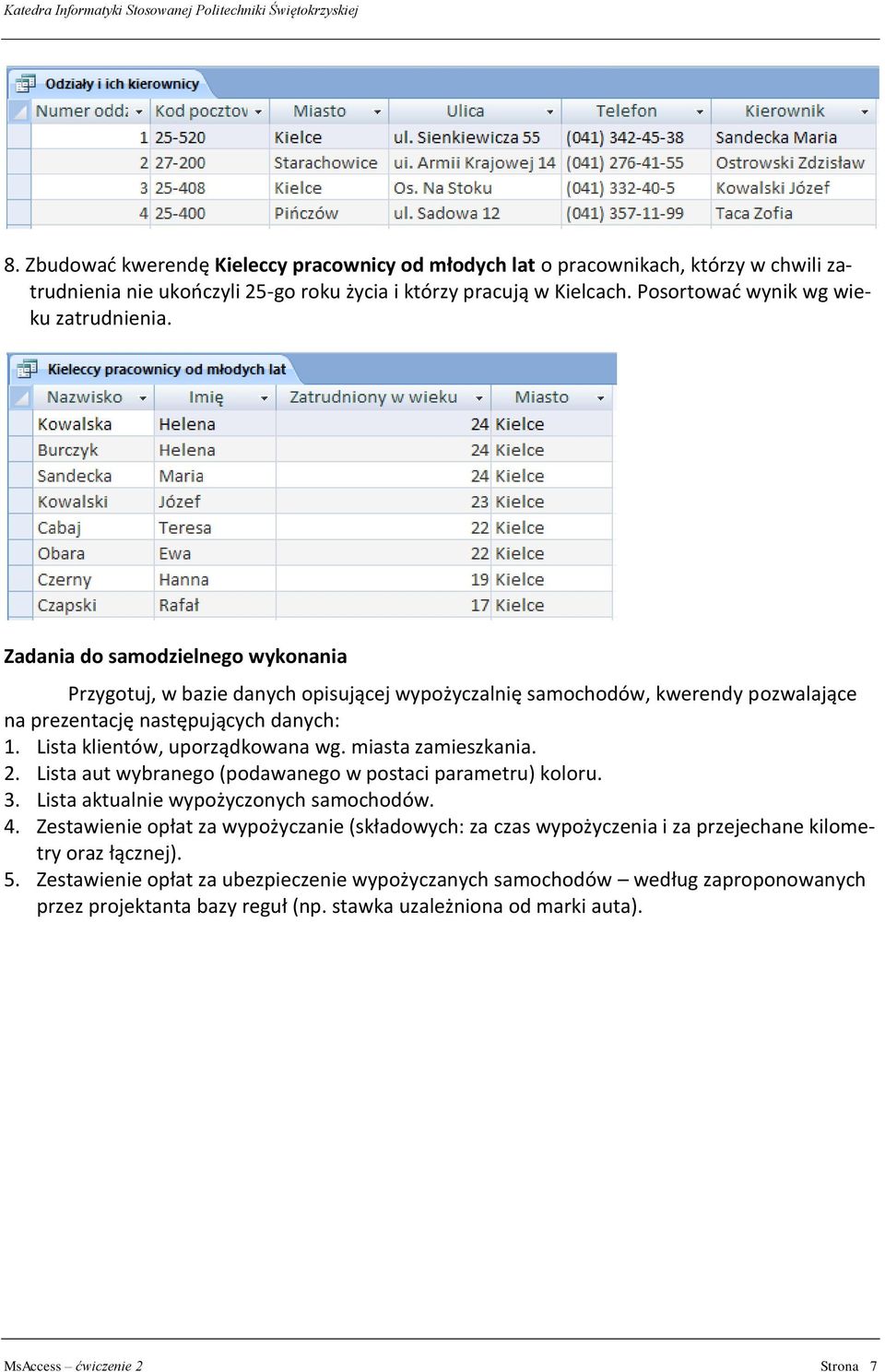 miasta zamieszkania. 2. Lista aut wybranego (podawanego w postaci parametru) koloru. 3. Lista aktualnie wypożyczonych samochodów. 4.