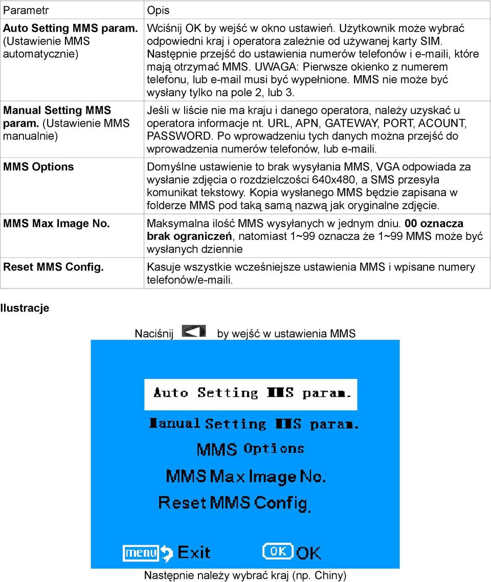 Następnie przejść do ustawienia numerów telefonów i e-maili, które mają otrzymać MMS. UWAGA: Pierwsze okienko z numerem telefonu, lub e-mail musi być wypełnione.