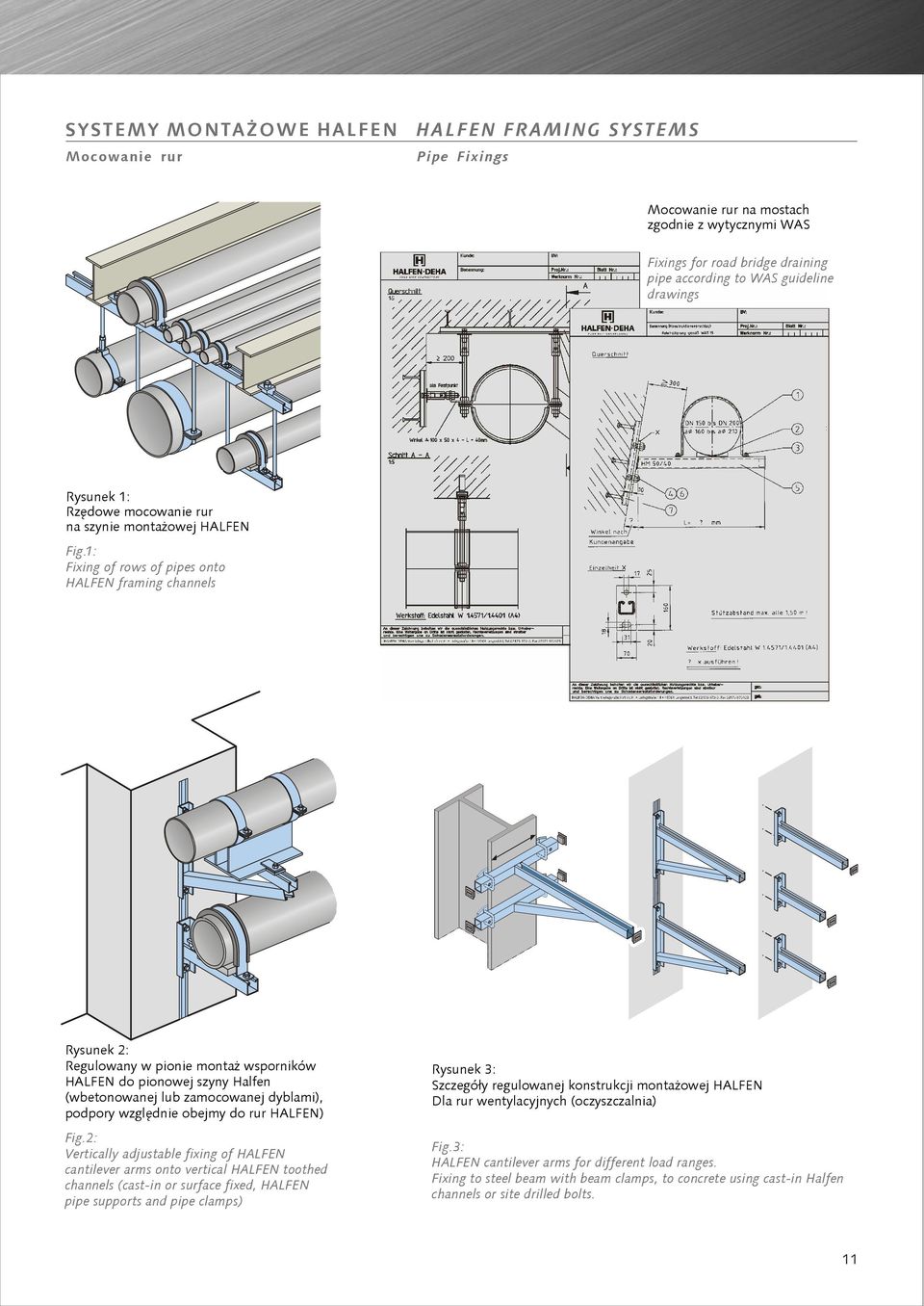 1: Fixing of rows of pipes onto HALFEN framing channels Rysunek 2: Regulowany w pionie monta wsporników HALFEN do pionowej szyny Halfen (wbetonowanej lub zamocowanej dyblami), podpory wzglêdnie