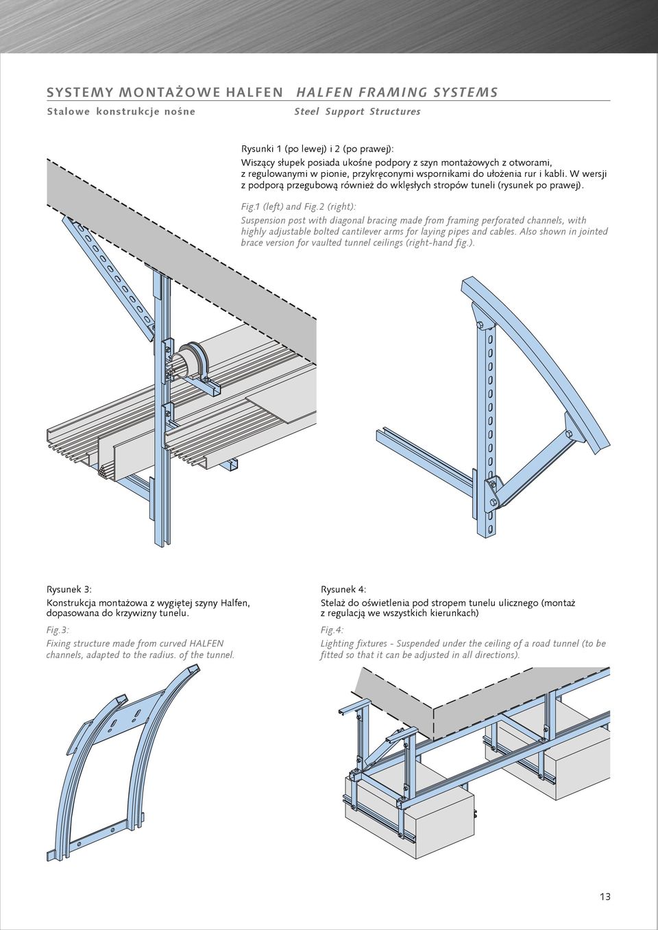 2 (right): Suspension post with diagonal bracing made from framing perforated channels, with highly adjustable bolted cantilever arms for laying pipes and cables.