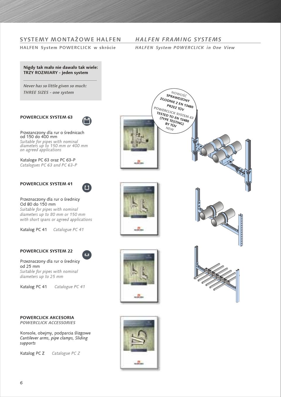 with nominal diameters up to 150 mm or 400 mm on agreed applications NEW Kataloge PC 63 oraz PC 63-P Catalogues PC 63 and PC 63-P POWERCLICK SYSTEM 41 Przeznaczony dla rur o œrednicy Od 80 do 150 mm