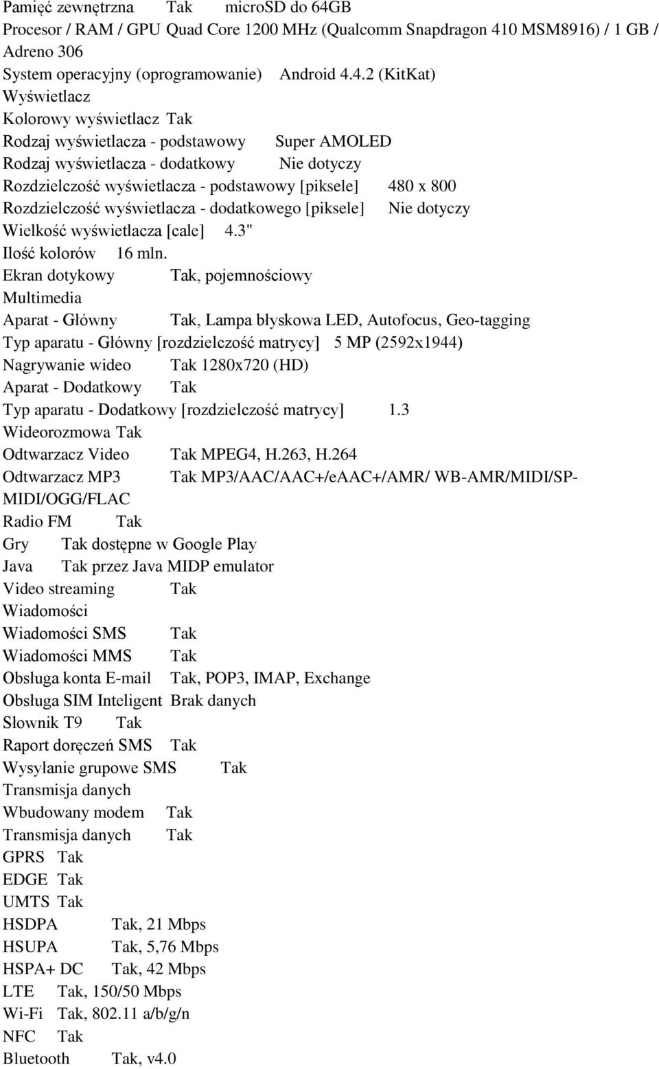 0 MSM8916) / 1 GB / Adreno 306 System operacyjny (oprogramowanie) Android 4.