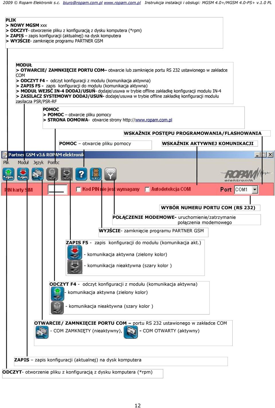 > OTWARCIE/ ZAMNKIĘCIE PORTU COM otwarcie lub zamknięcie portu RS 232 ustawionego w zakładce COM > ODCZYT F4 - odczyt konfiguracji z modułu (komunikacja aktywna) > ZAPIS F5 - zapis konfiguracji do