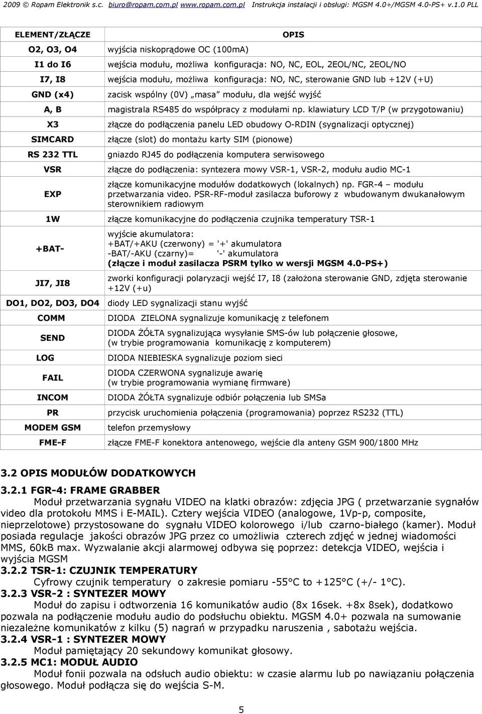 (0V) masa modułu, dla wejść wyjść magistrala RS485 do współpracy z modułami np.