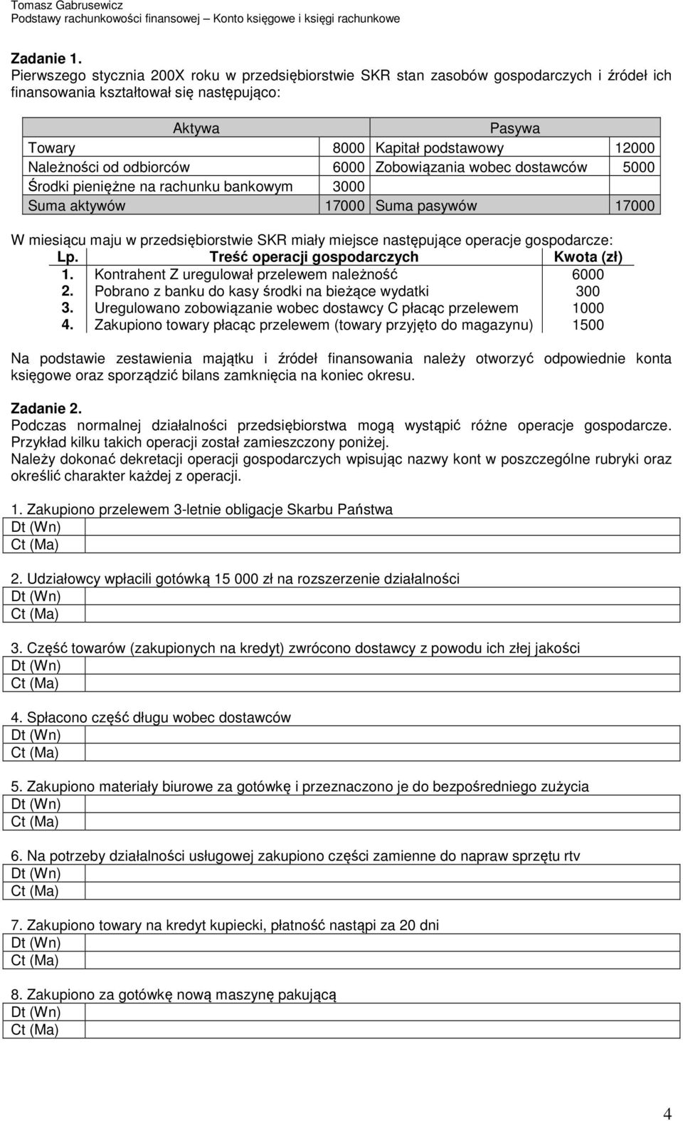 od odbiorców 6000 Zobowiązania wobec dostawców 5000 Środki pieniężne na rachunku bankowym 3000 Suma aktywów 17000 Suma pasywów 17000 W miesiącu maju w przedsiębiorstwie SKR miały miejsce następujące