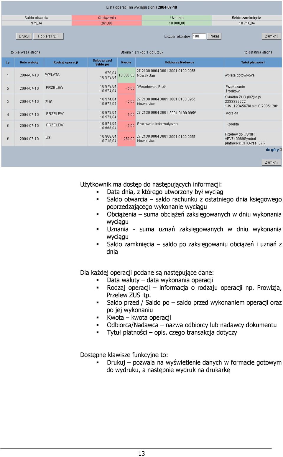 podane są następujące dane: Data waluty data wykonania operacji Rodzaj operacji informacja o rodzaju operacji np. Prowizja, Przelew ZUS itp.