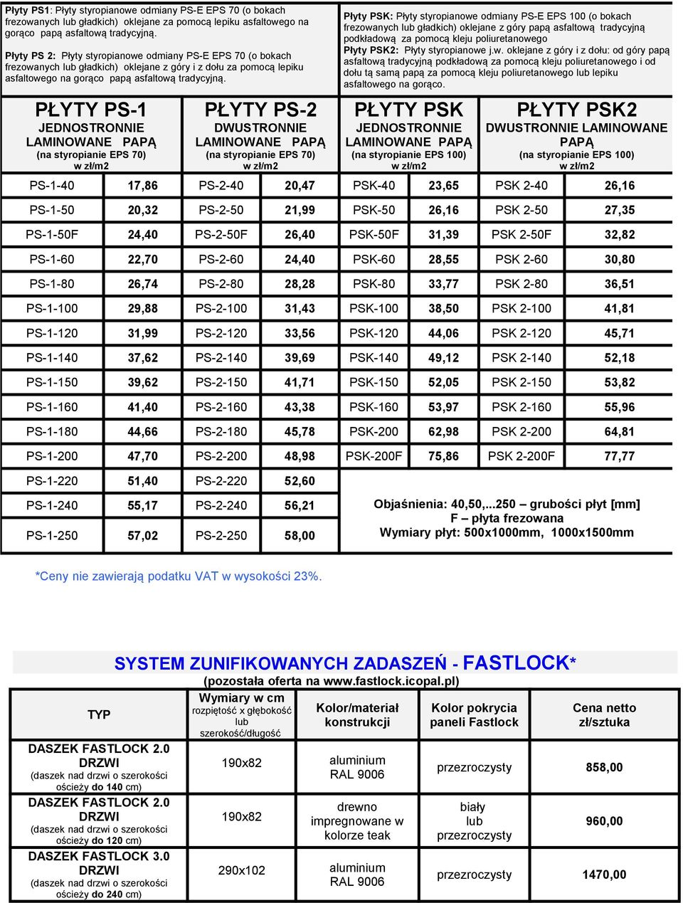 PŁYTY PS-1 JEDNOSTRONNIE LAMINOWANE PAPĄ (na styropianie EPS 70) w zł/m2 PŁYTY PS-2 DWUSTRONNIE LAMINOWANE PAPĄ (na styropianie EPS 70) w zł/m2 Płyty PSK: Płyty styropianowe odmiany PS-E EPS 100 (o