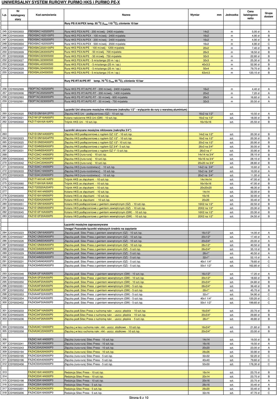 CSY0053000 FBDXBAC1620100P0 Rura HKS PEX/Al/PEX - 100 m/zwój - 2400 m/paleta 16x2 m 4,90 zł B 247 CSY0053005 FBDXBAC1620200P0 Rura HKS PEX/Al/PEX - 200 m/zwój - 2400 m/paleta 16x2 m 4,90 zł B 248